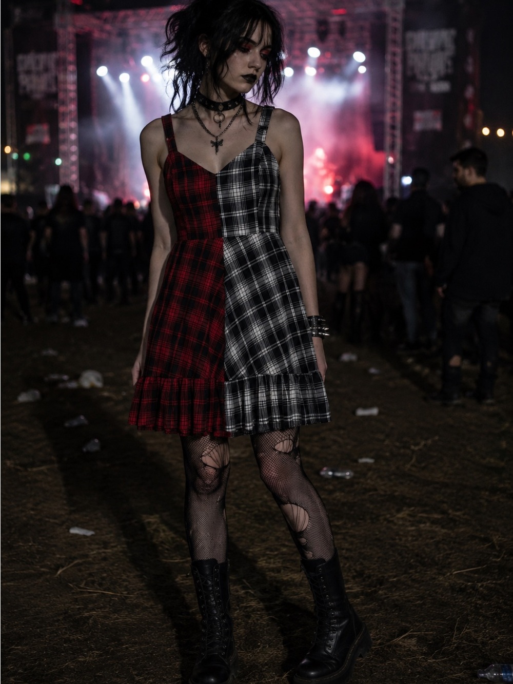 Y2K Goth Grunge Emo Red Black White Plaid Sundress XL Punk Rock Dark Romantic - Picture 2 of 16